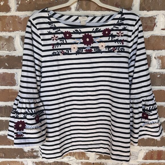 J Crew Top Shirt Size L Black White Stripe Multicolor Floral Bell‎ 3/4 Sleeve - Picture 1 of 9